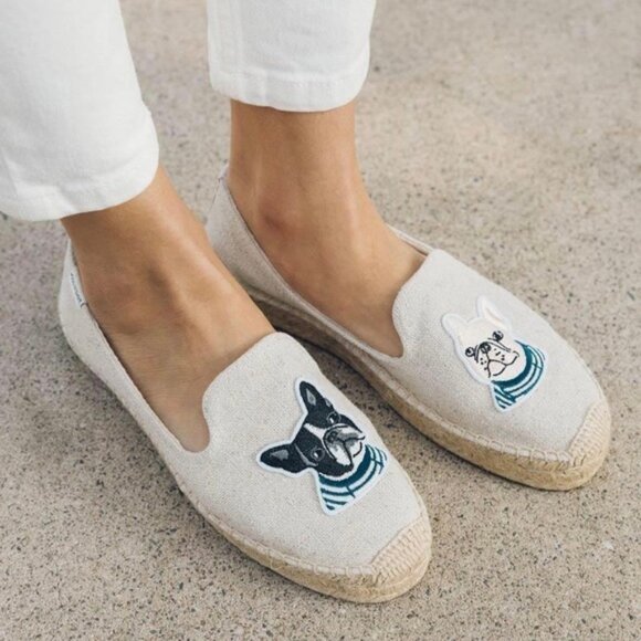 Soludos Teddy and Gigi French Bulldog Espadrilles 9 NEW Beige Canvas Flats Cute - Picture 1 of 7